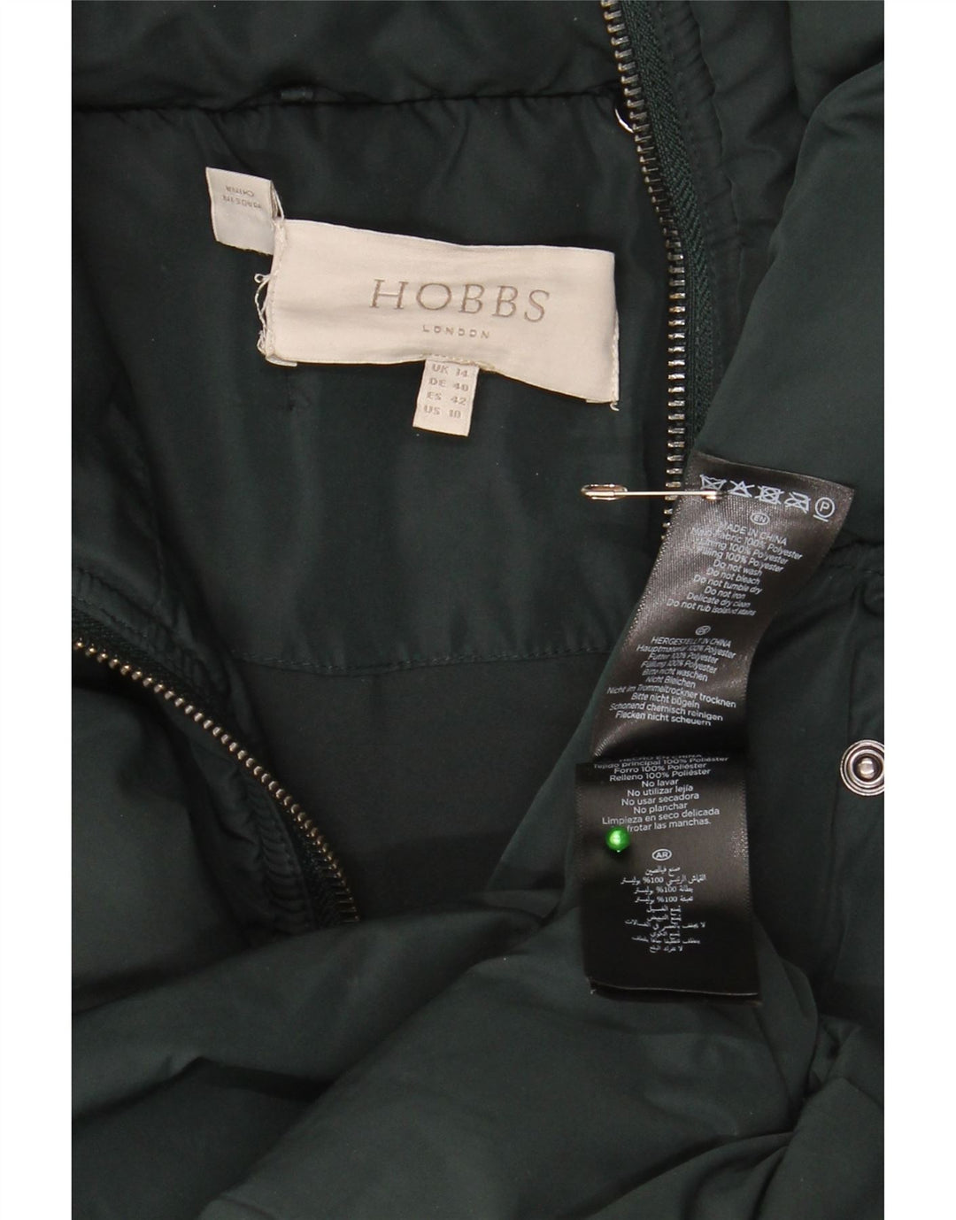 Hobbs Womens Hooded Padded Coat UK 14 Large  Green Polyester