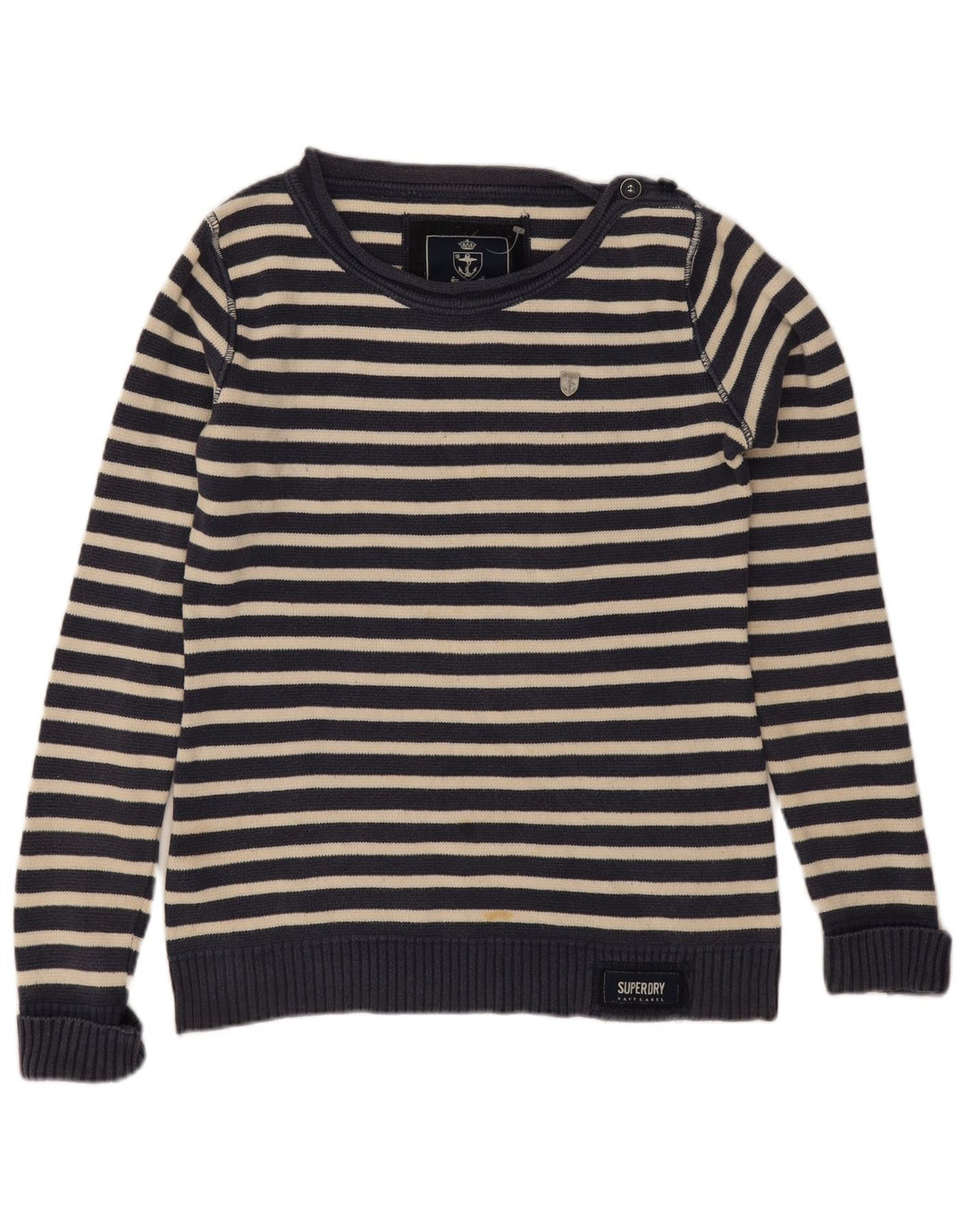 Superdry Mens Boat Neck Jumper Sweater Large Navy Blue Striped Nautical