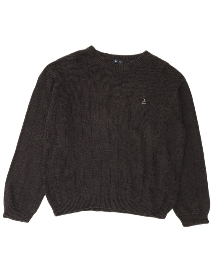 IZOD Mens Boat Neck Jumper Sweater Large Grey Check Cotton