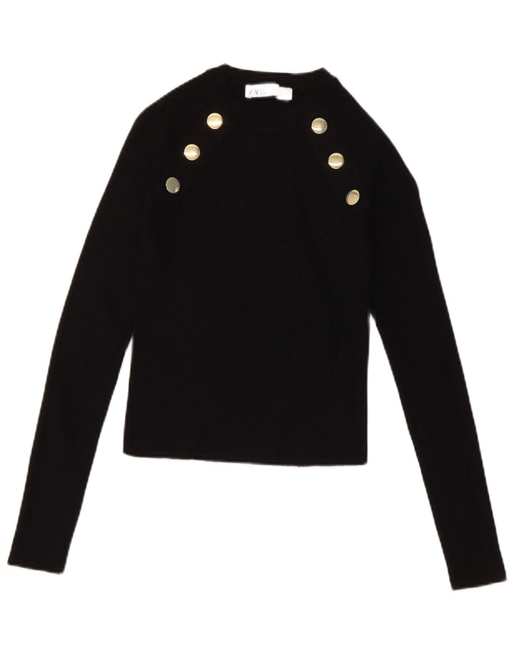 Zara Womens Crop Top Long Sleeve UK 14 Large Black Viscose