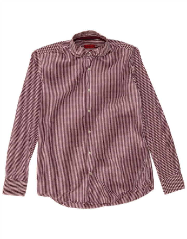 Hugo Boss Mens Regular Fit Shirt Medium Burgundy Gingham Cotton