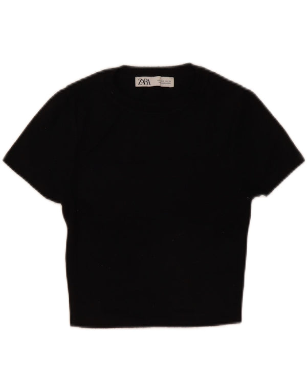 Zara Womens Short Sleeve Crop Crew Neck Jumper Sweater UK 8 Small Black