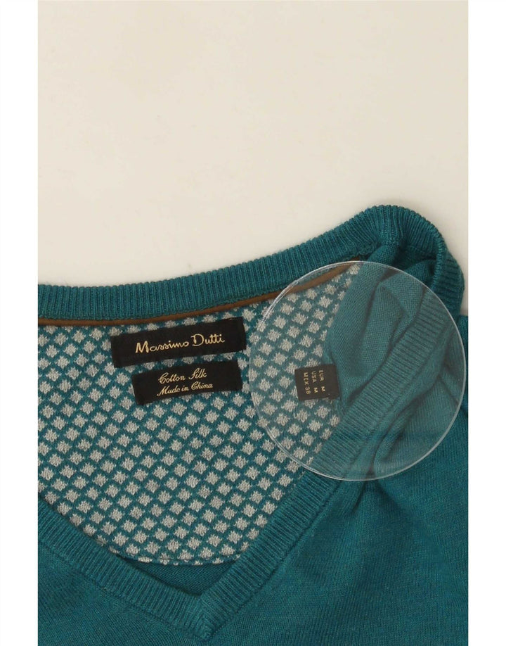 Massimo Dutti Mens V-Neck Jumper Sweater Medium Blue Cotton