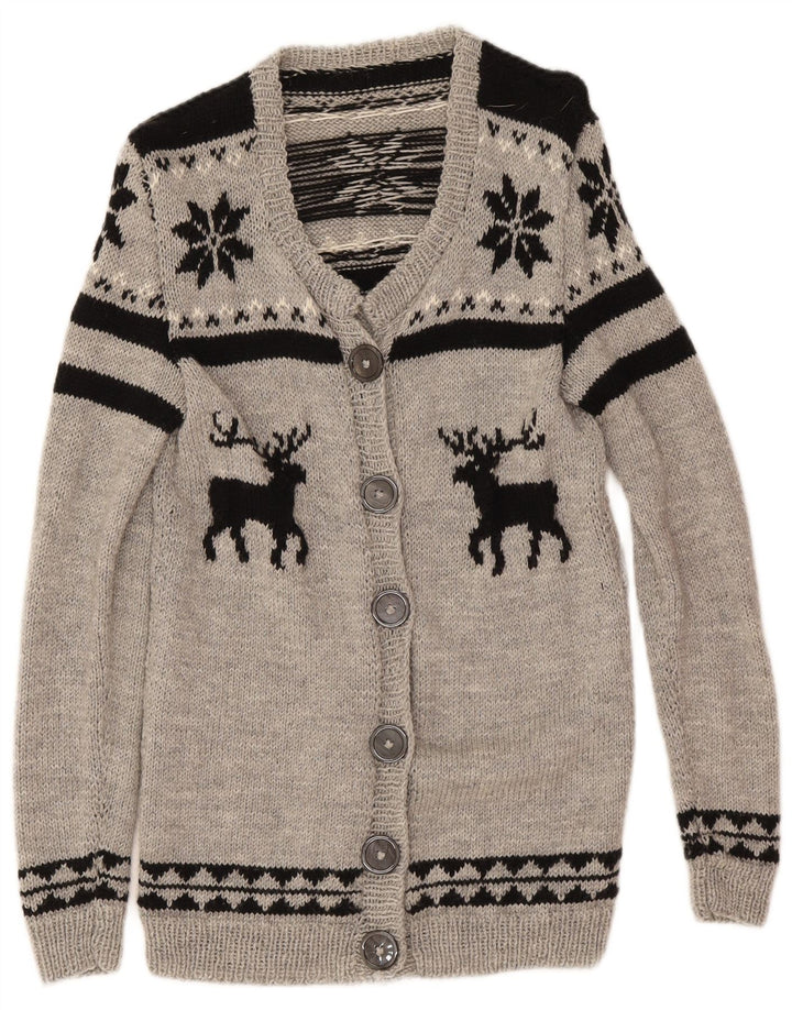 Vintage Womens Cardigan Sweater UK 12 Medium Grey Fair Isle