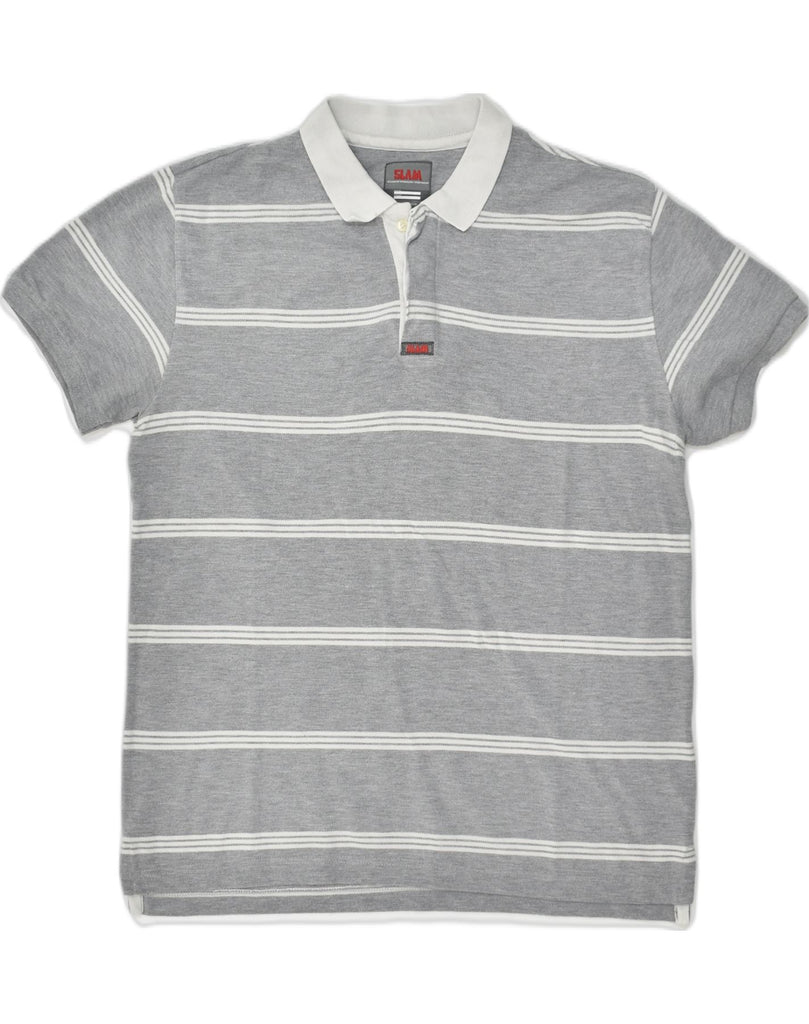 SLAM Mens Slim Fit Polo Shirt 2XL Grey Striped Cotton | Vintage Slam | Thrift | Second-Hand Slam | Used Clothing | Messina Hembry 