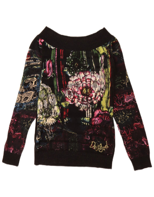 Desigual Womens Boat Neck Jumper Sweater UK 12 Medium Black Floral