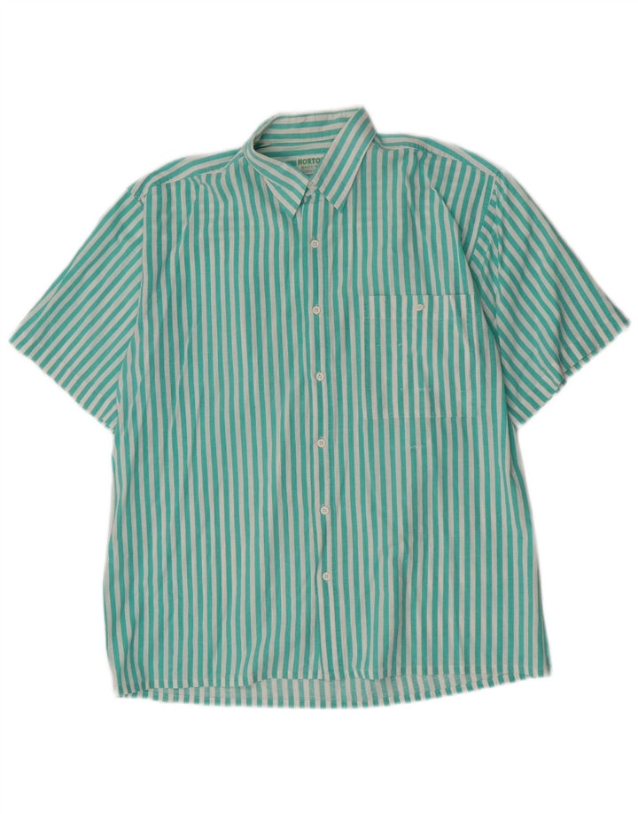 Nortons Mens Short Sleeve Shirt Large Green Striped Cotton
