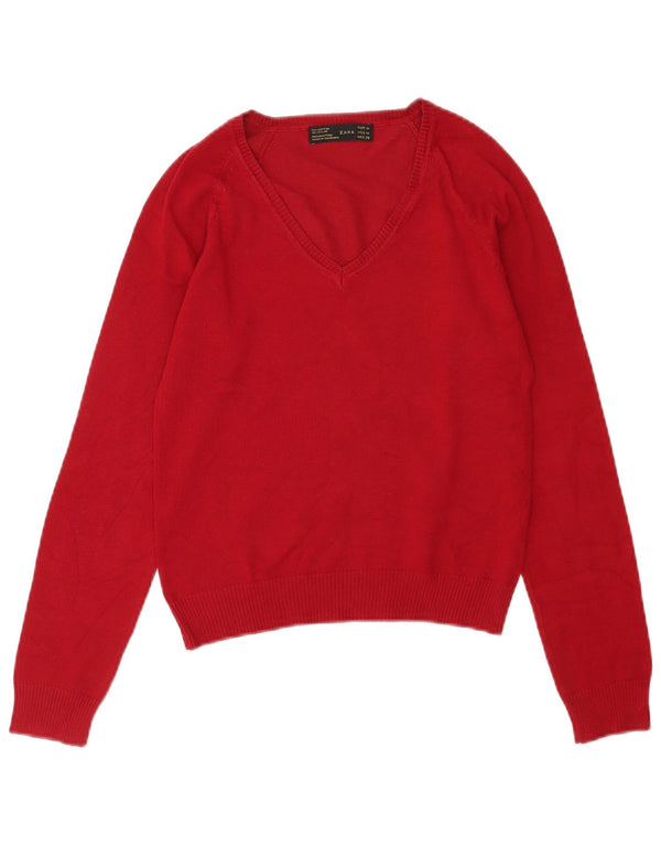 Zara Womens Crop V-Neck Jumper Sweater UK 12 Medium Burgundy Cotton