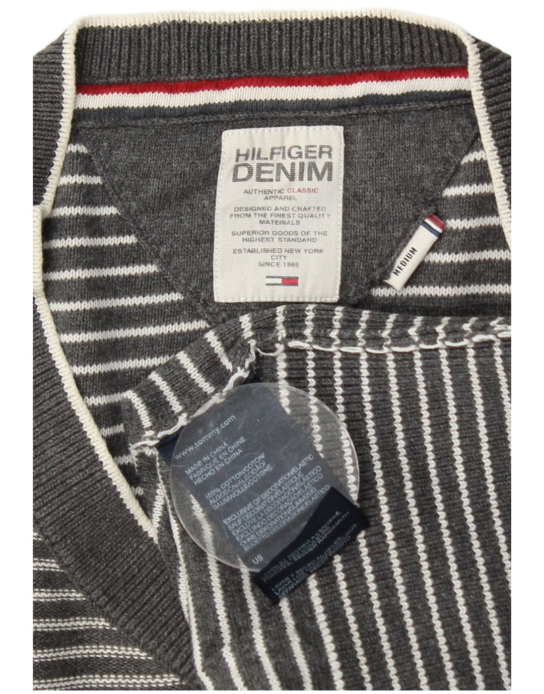 TOMMY HILFIGER Mens V-Neck Jumper Sweater Medium Grey Striped Cotton