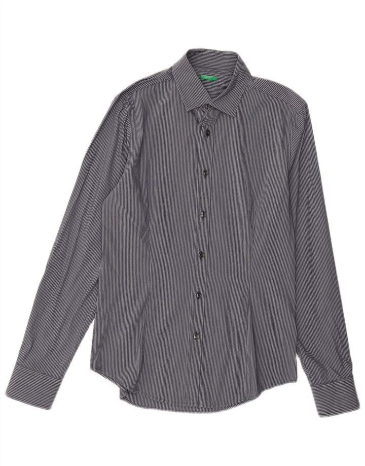 BENETTON Mens Shirt Small Navy Blue Pinstripe