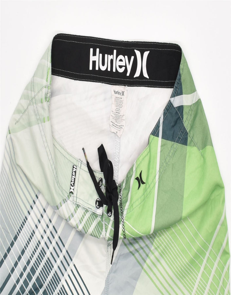 HURLEY Mens Swimming Shorts W30 Medium Green Geometric Polyester | Vintage | Thrift | Second-Hand | Used Clothing | Messina Hembry 