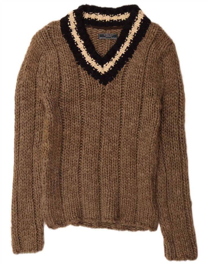 Zara Mens V-Neck Jumper Sweater Large Brown Striped Acrylic