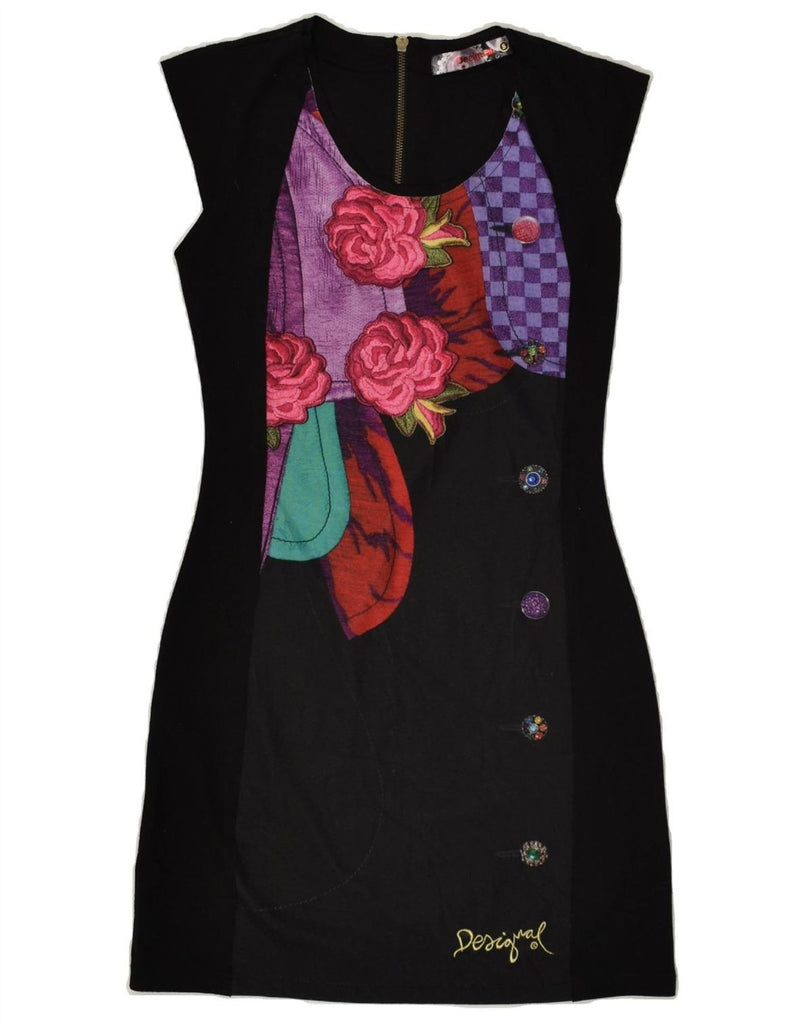 DESIGUAL Womens Graphic Short Sleeves Sheath Dress UK 8 Small Black Floral | Vintage Desigual | Thrift | Second-Hand Desigual | Used Clothing | Messina Hembry 