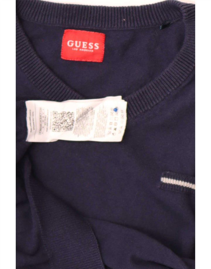 Guess Mens V-Neck Jumper Sweater Medium Navy Blue Cotton