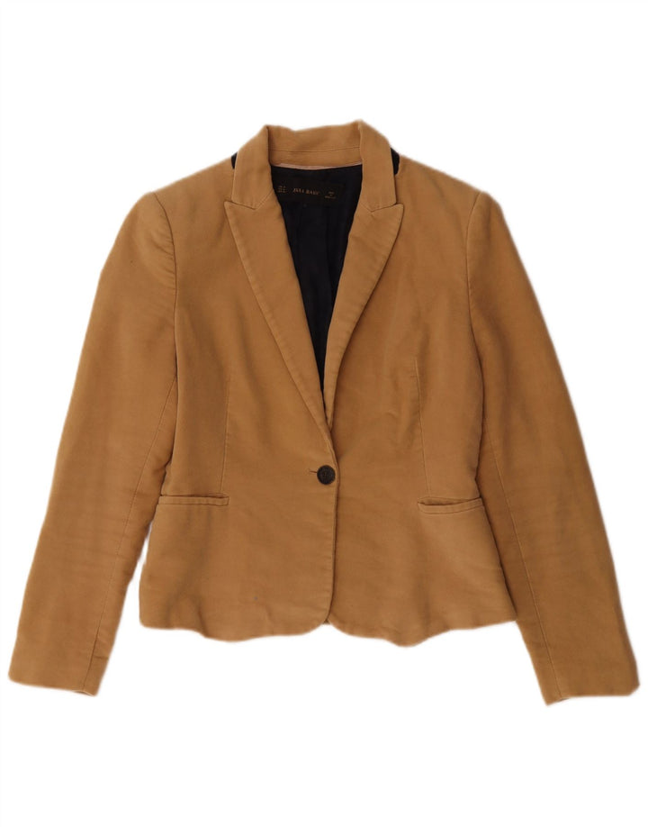 Zara Womens Crop 1 Button Blazer Jacket UK 12 Medium Beige Acetate