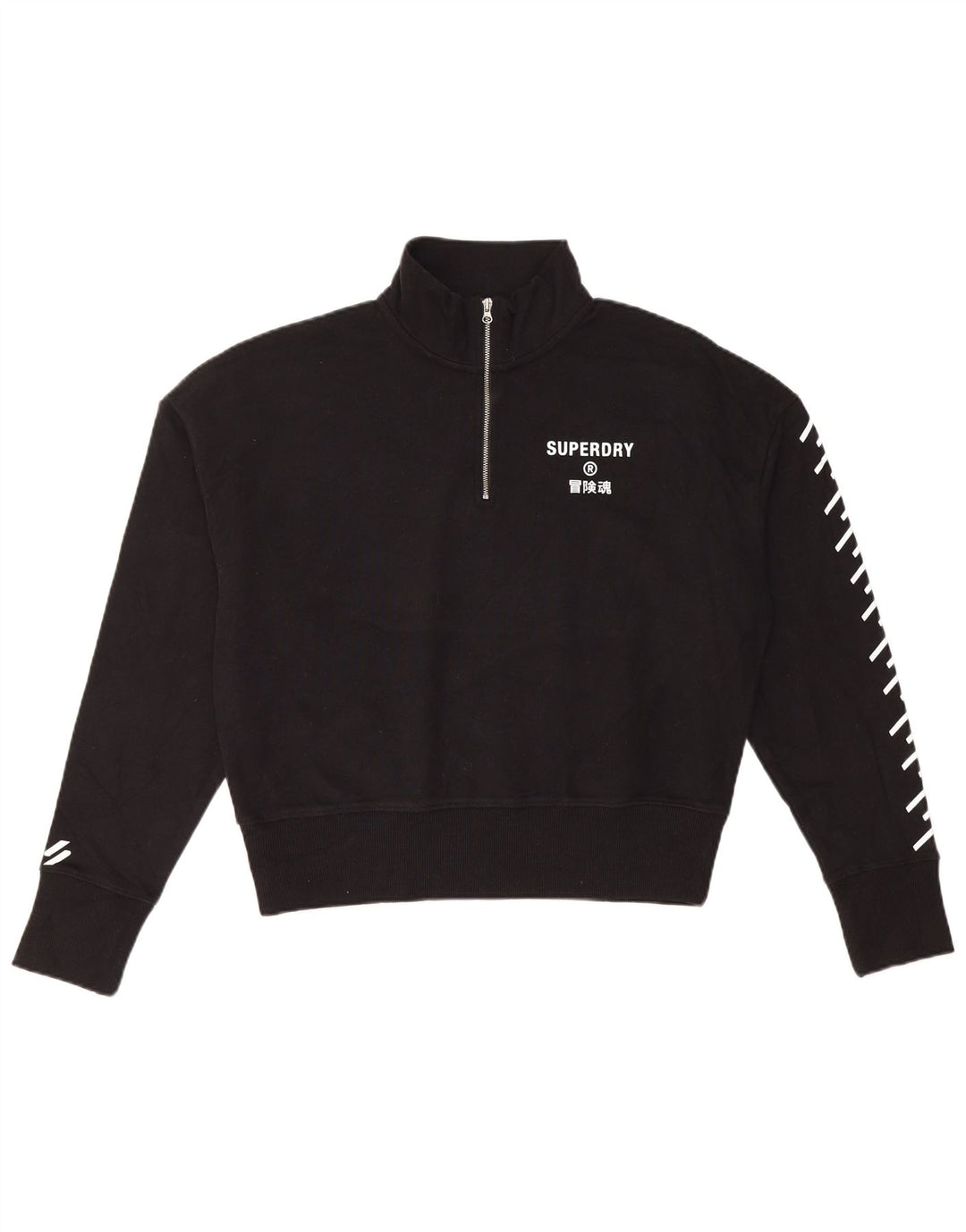 Superdry Womens Crop Graphic Zip Neck Sweatshirt Jumper UK 12 Medium Black