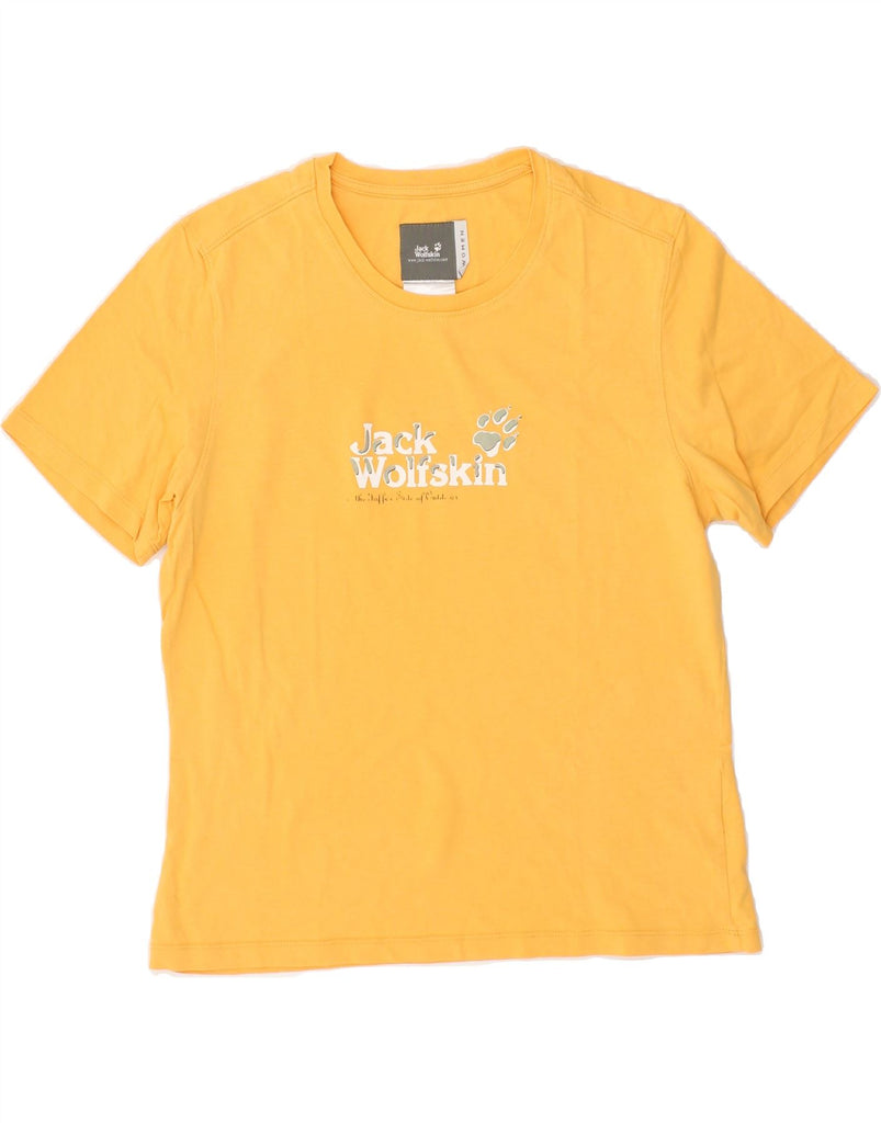 JACK WOLFSKIN Womens Graphic T-Shirt Top UK 14 Large Yellow Cotton Vintage Jack Wolfskin and Second-Hand Jack Wolfskin from Messina Hembry 