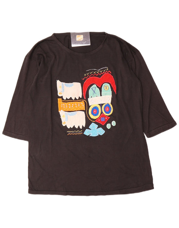 Vintage Womens Graphic Top 3/4 Sleeve UK 14 Medium Black Cotton