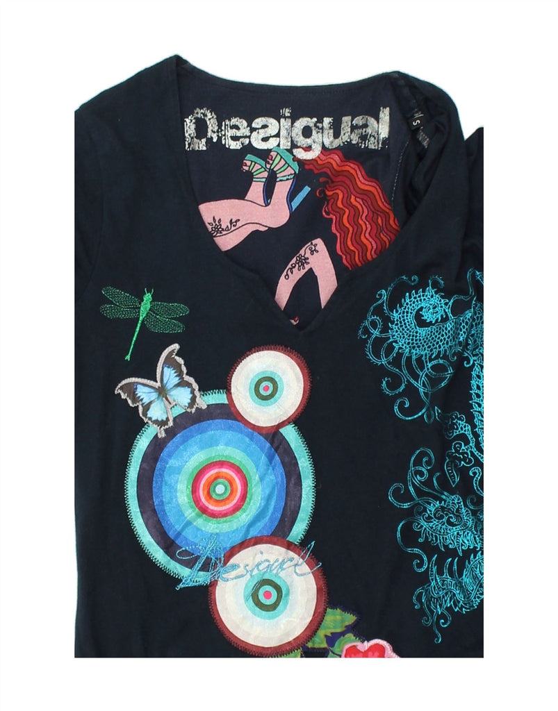 DESIGUAL Womens Asymmetric Graphic Tunic Top UK 10 Small Navy Blue Floral | Vintage Desigual | Thrift | Second-Hand Desigual | Used Clothing | Messina Hembry 