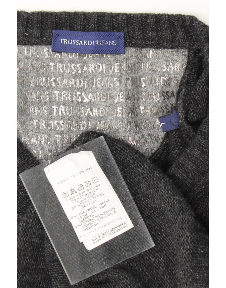 TRUSSARDI JEANS Mens V-Neck Jumper Sweater Large Grey Wool Vintage Trussardi Jeans and Second-Hand Trussardi Jeans from Messina Hembry 