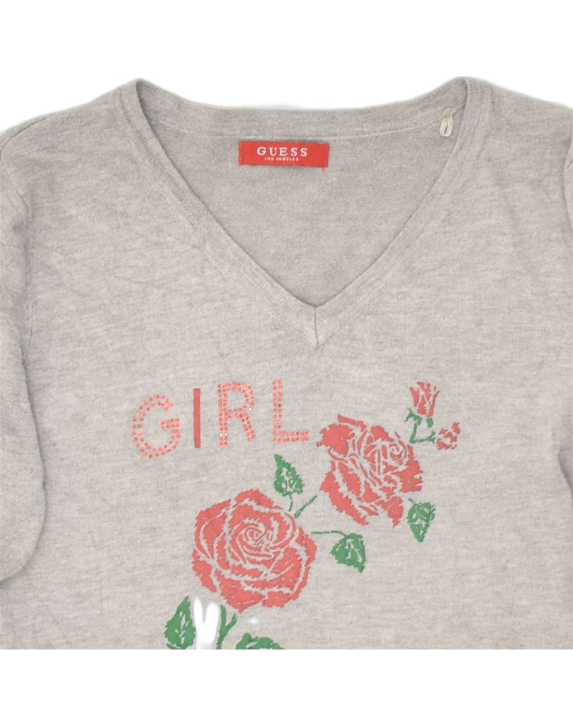 GUESS Girls Graphic V-Neck Jumper Sweater 15-16 Years Grey Floral Cotton | Vintage Guess | Thrift | Second-Hand Guess | Used Clothing | Messina Hembry 