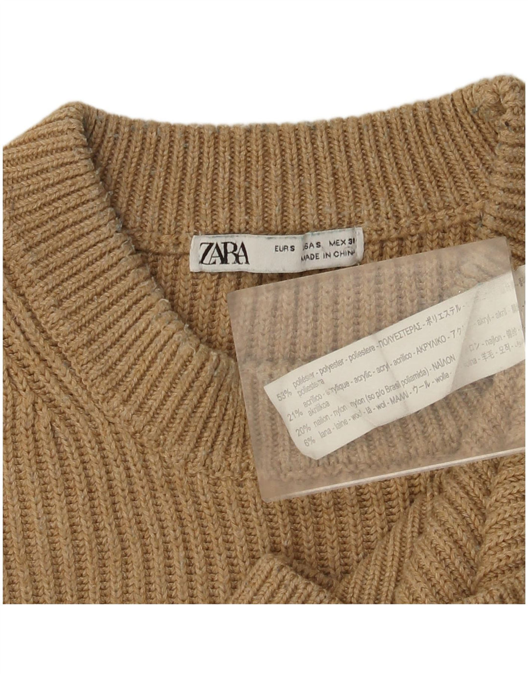 Zara Mens Crew Neck Jumper Sweater Small Beige Polyester