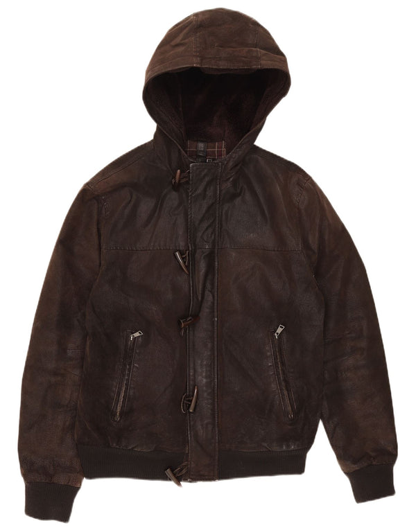 Conbipel Mens Hooded Leather Jacket IT 50 Medium Brown Leather