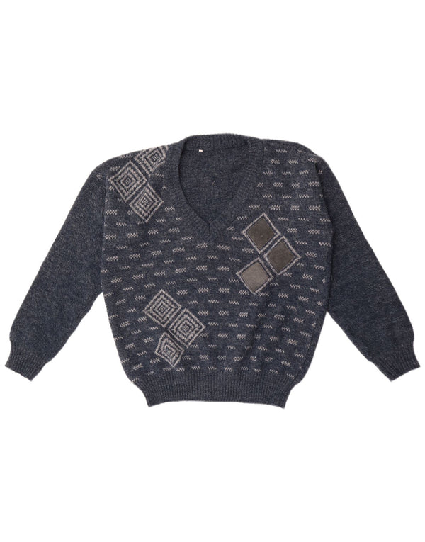 Vintage Mens V-Neck Jumper Sweater Medium Navy Blue Geometric