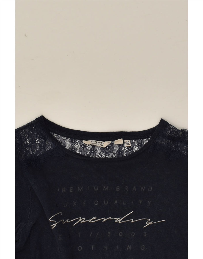 SUPERDRY Womens Graphic Top Long Sleeve UK 10 Small Navy Blue Linen | Vintage Superdry | Thrift | Second-Hand Superdry | Used Clothing | Messina Hembry 