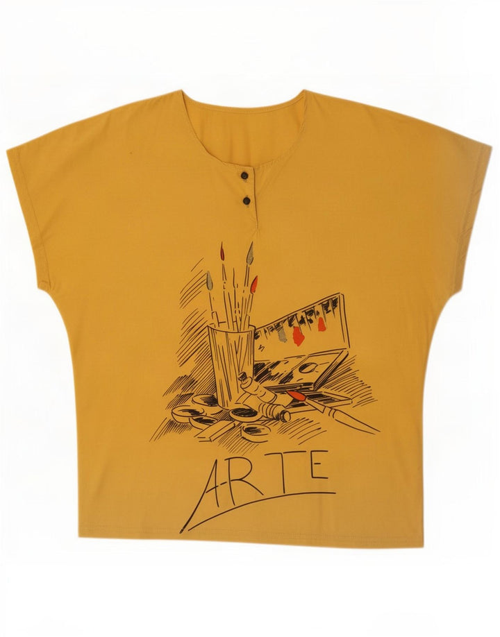 Vintage Womens Graphic Blouse Top UK 14 Medium Yellow Cotton