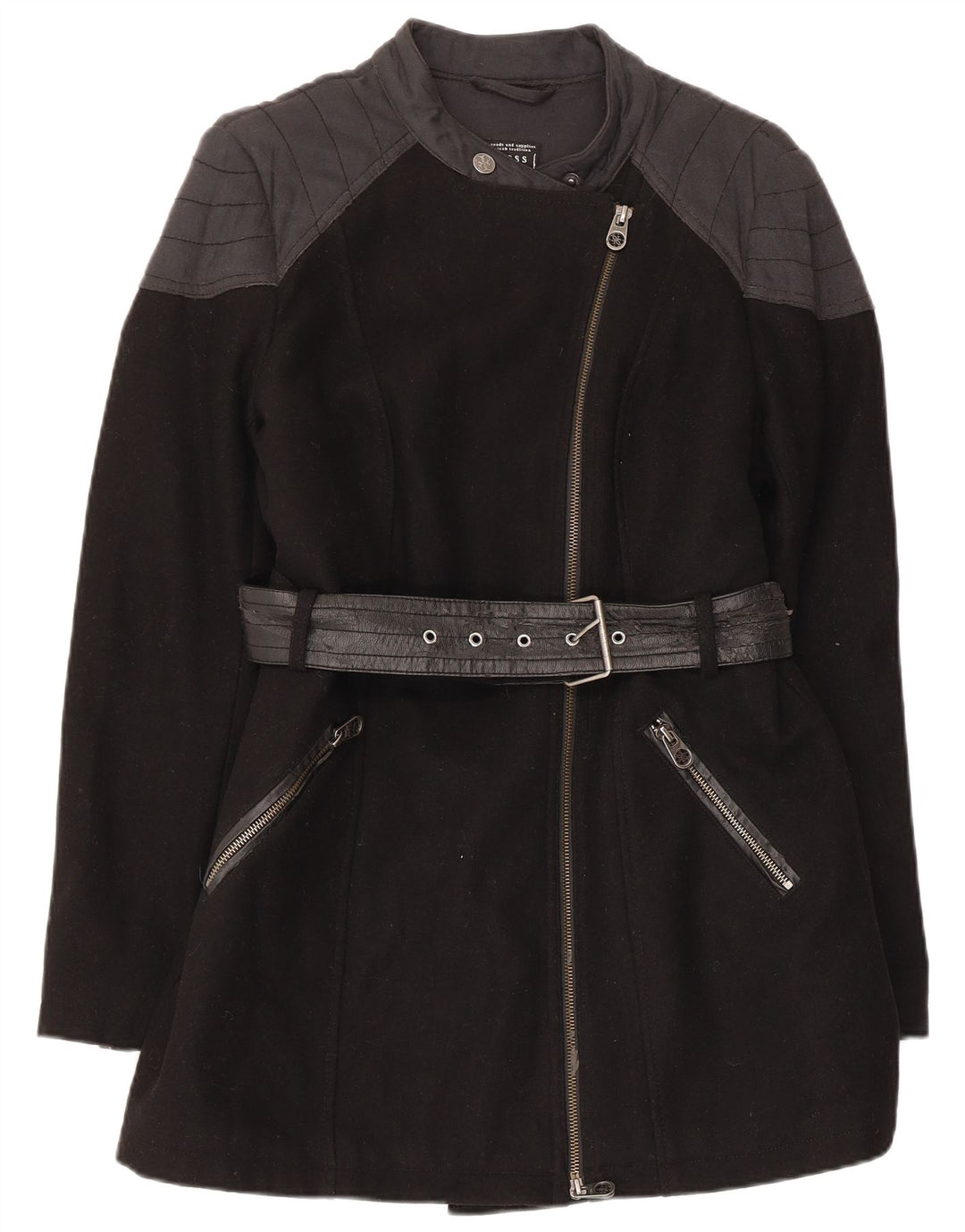 Guess Womens Overcoat UK 8 Small Black Wool