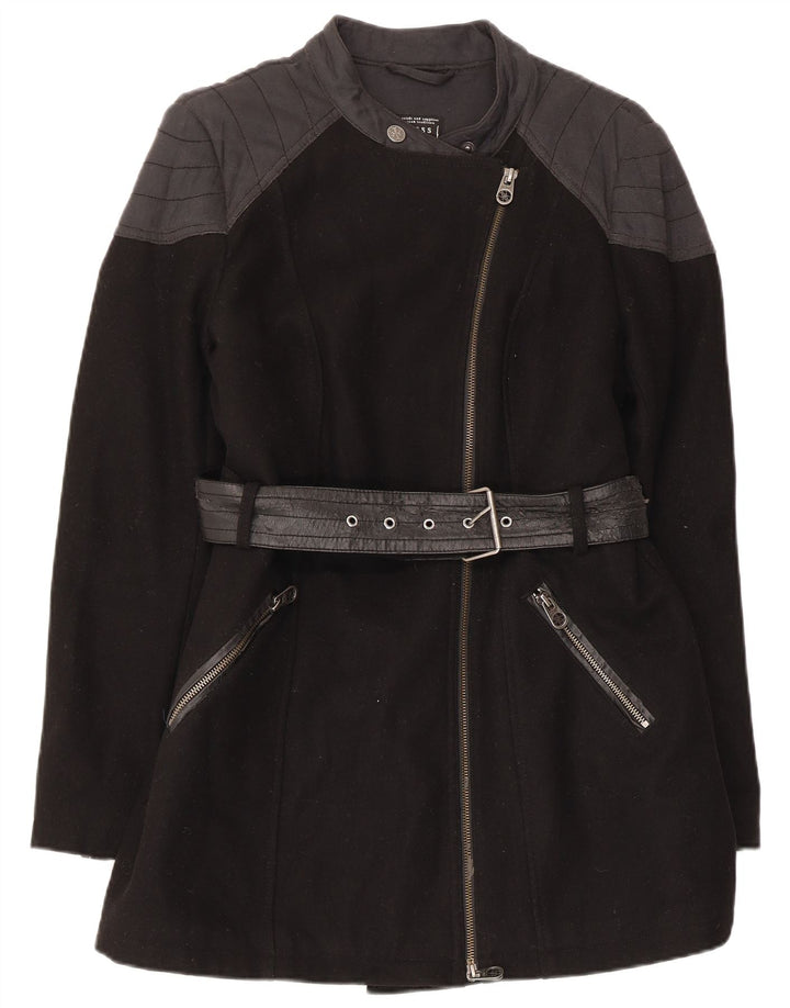 Guess Womens Overcoat UK 8 Small Black Wool