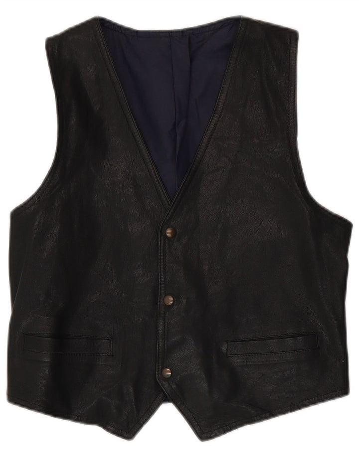 Vintage Mens Leather Waistcoat Medium Black Leather