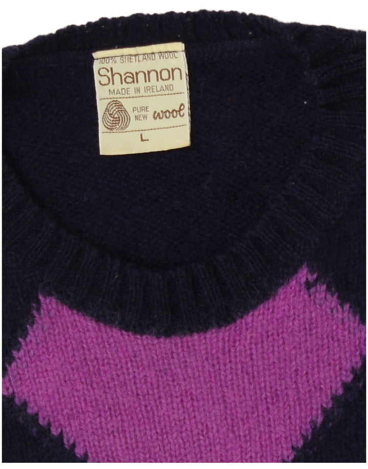 Shannon Mens Crew Neck Jumper Sweater Large Navy Blue Argyle/Diamond