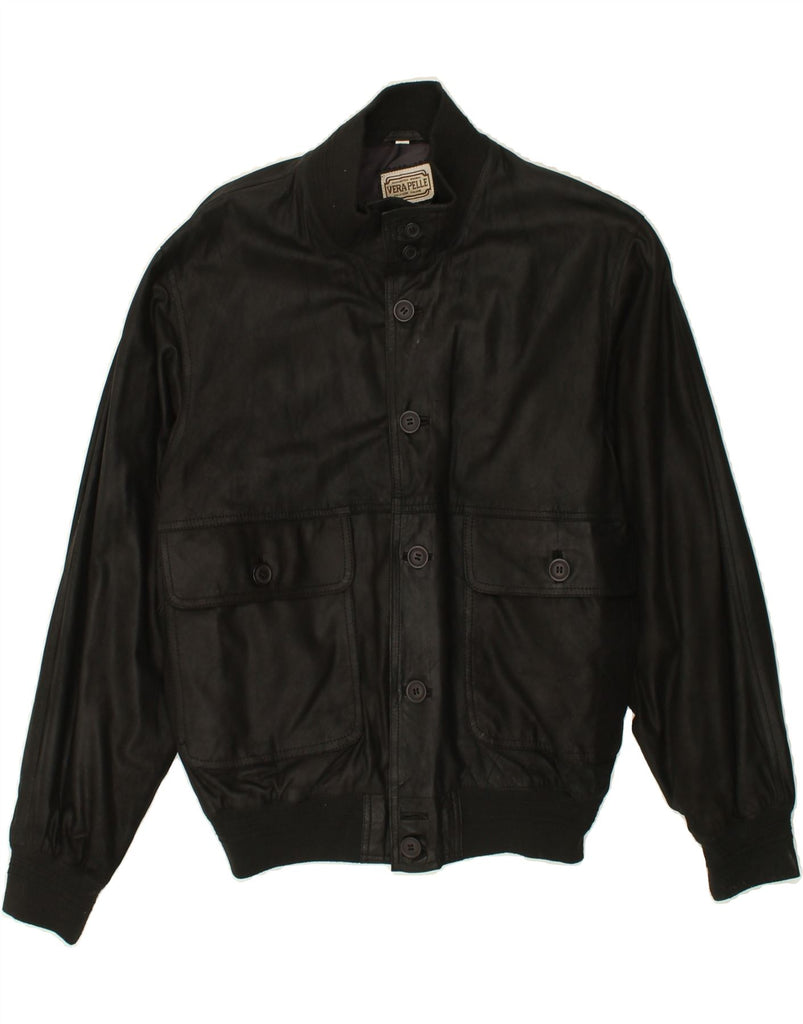 VINTAGE Mens Leather Bomber Jacket IT 50 Large Black Leather | Vintage Vintage | Thrift | Second-Hand Vintage | Used Clothing | Messina Hembry 