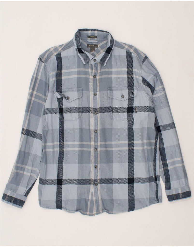 EDDIE BAUER Mens Tall Classic Fit Overshirt Shirt Large Blue Check Cotton Vintage Eddie Bauer and Second-Hand Eddie Bauer from Messina Hembry 