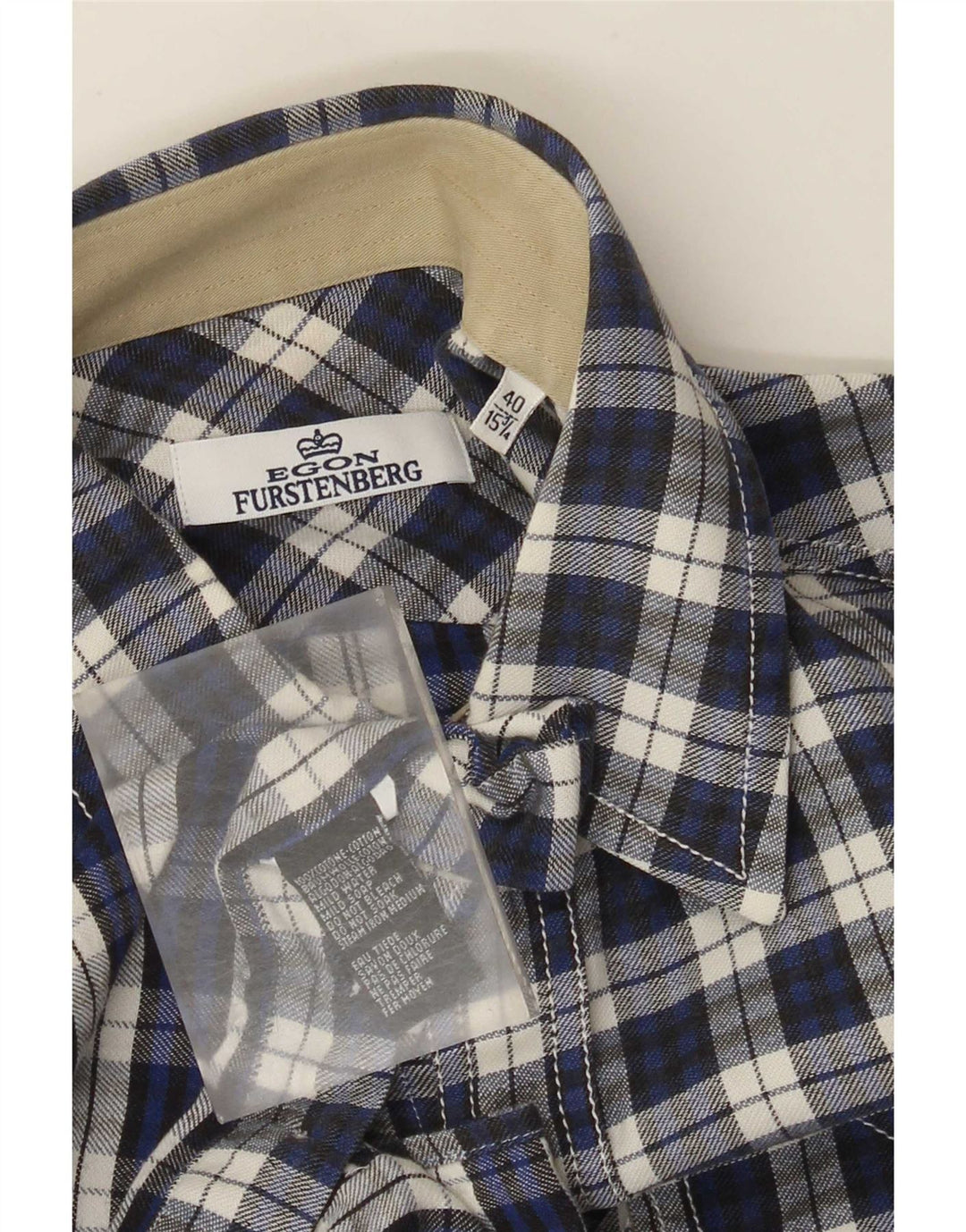 Egon Furstenberg Mens Flannel Shirt Size 40 15 3/4 Medium Blue Plaid