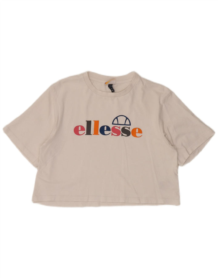 ELLESSE Womens Crop Graphic T-Shirt Top UK 12 Medium White Cotton