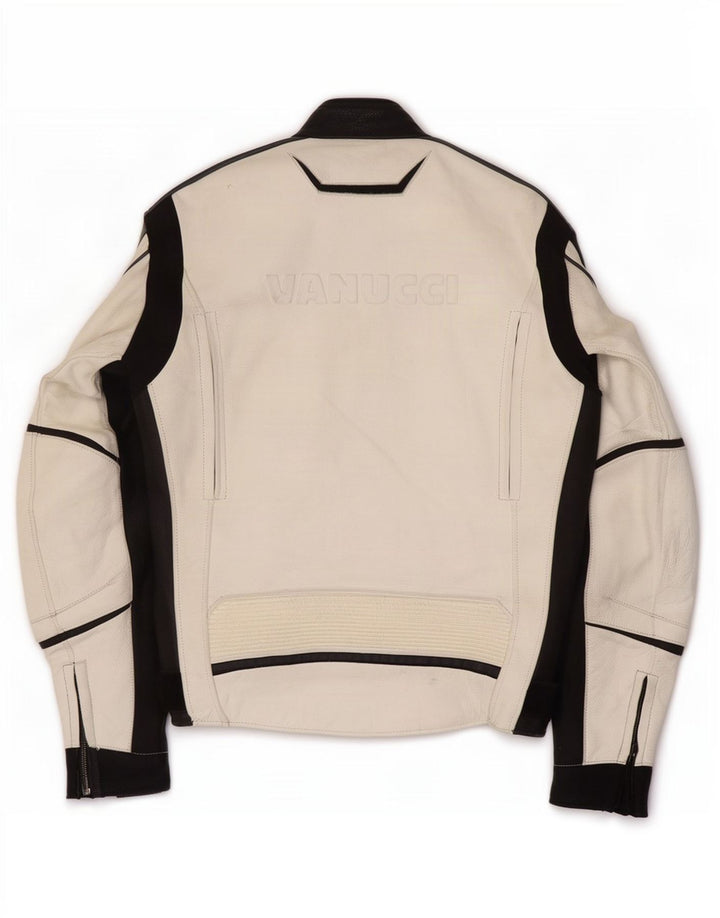 Vanucci Mens Graphic Leather Racer Jacket EU 48 Small White Colourblock