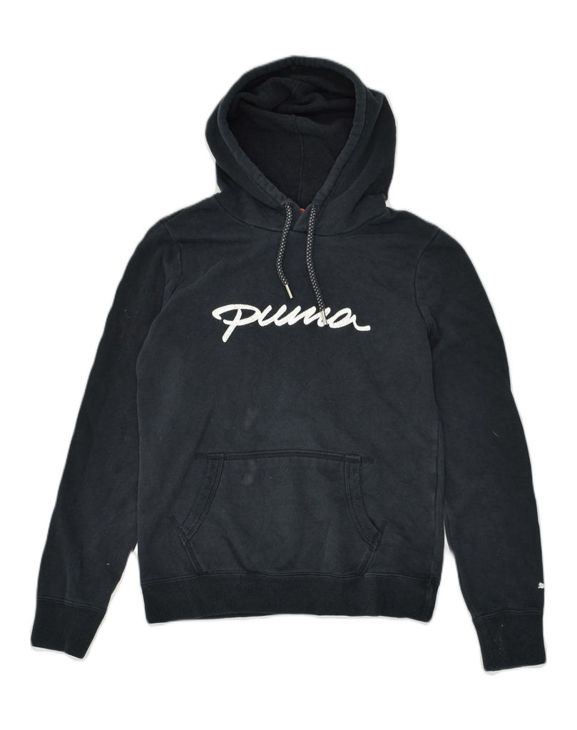 PUMA Womens Graphic Hoodie Jumper UK 10 Small Black Cotton | Vintage Puma | Thrift | Second-Hand Puma | Used Clothing | Messina Hembry 