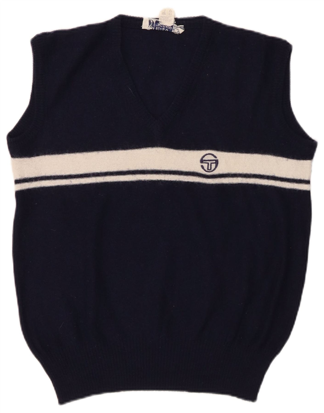 SERGIO TACCHINI Womens Vest Tank Top UK 14 Medium Navy Blue Striped Wool