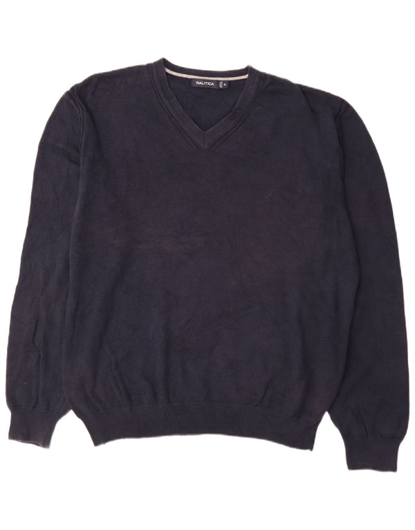 Nautica Mens V-Neck Jumper Sweater XL Navy Blue Cotton