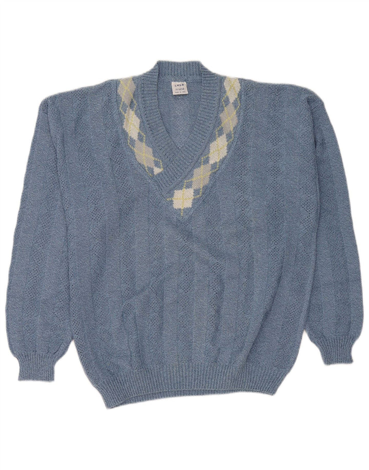 Lasa Womens V-Neck Jumper Sweater IT 46/48 Large Blue Argyle/Diamond
