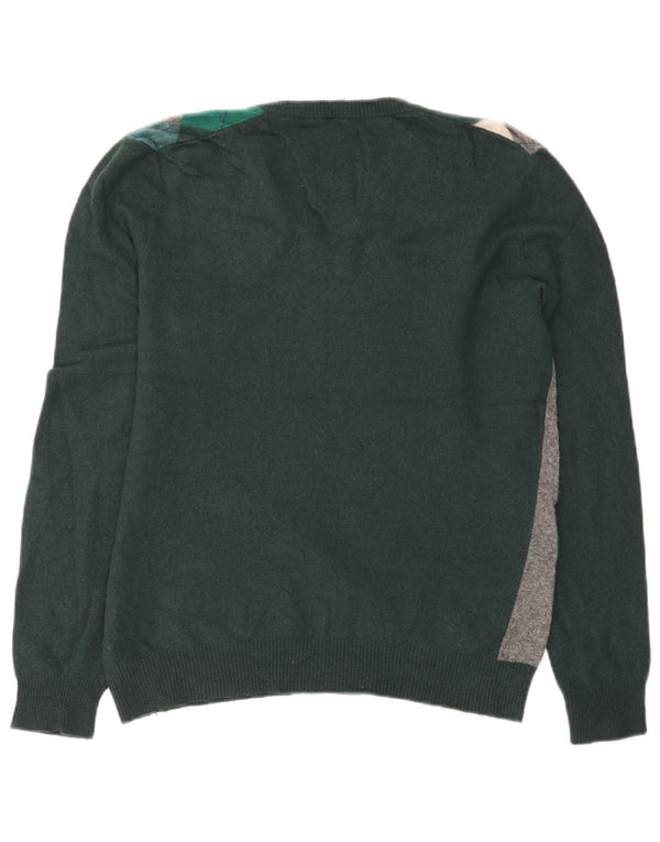 Benetton Womens V-Neck Jumper Sweater UK 14 Medium Green Argyle/Diamond