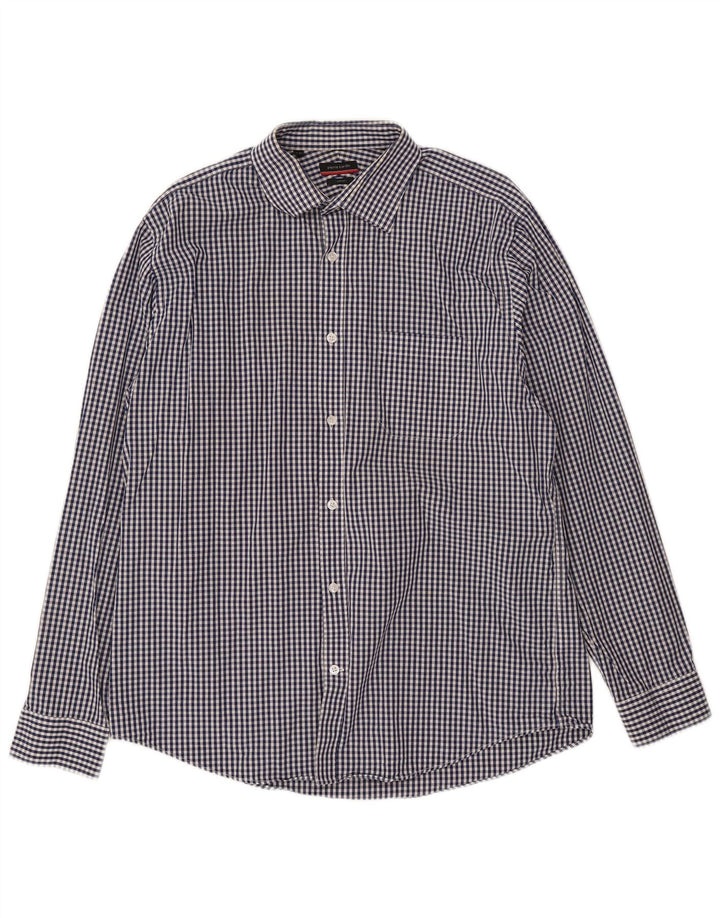 Pierre Cardin Mens Shirt Size 16 1/2 Large Navy Blue Gingham Cotton