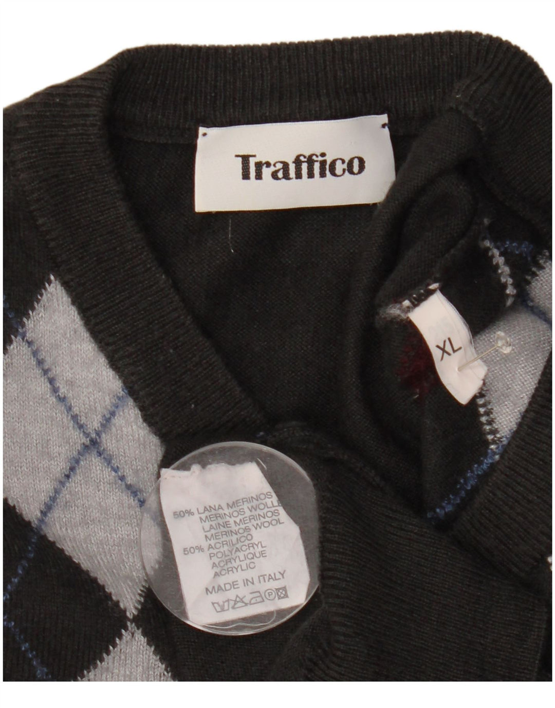 Vintage Mens V-Neck Jumper Sweater XL Grey Argyle/Diamond Wool