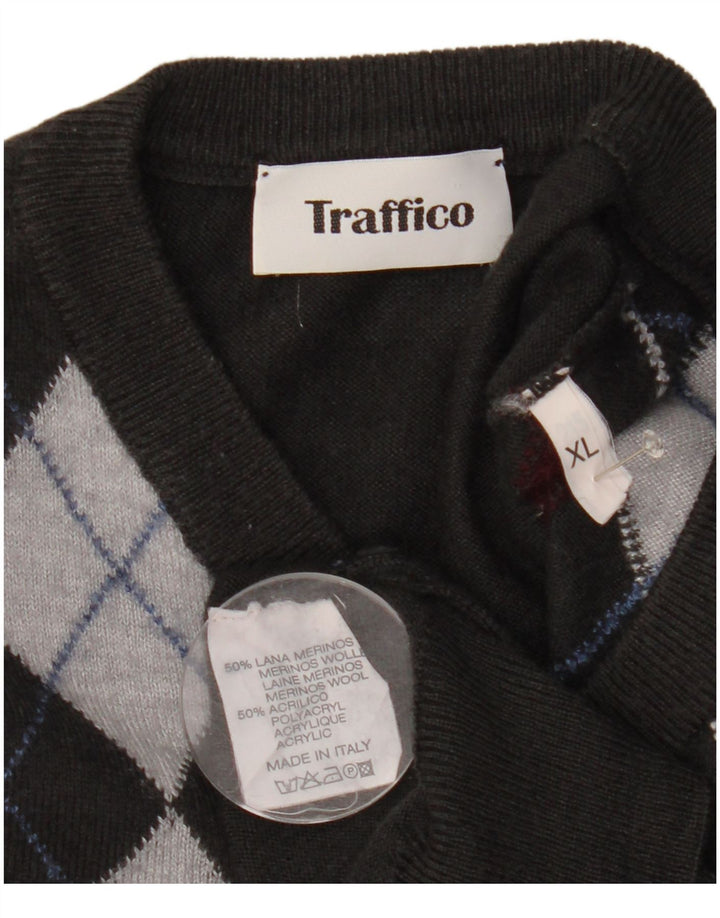 Vintage Mens V-Neck Jumper Sweater XL Grey Argyle/Diamond Wool