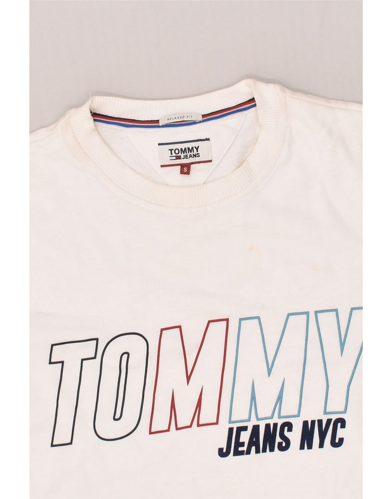 TOMMY JEANS Mens Relaxed Fit Graphic Sweatshirt Jumper Small White Cotton | Vintage Tommy Jeans | Thrift | Second-Hand Tommy Jeans | Used Clothing | Messina Hembry 