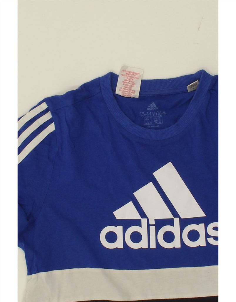 ADIDAS Boys Graphic T-Shirt Top 13-14 Years Blue Colourblock Cotton Vintage Adidas and Second-Hand Adidas from Messina Hembry 