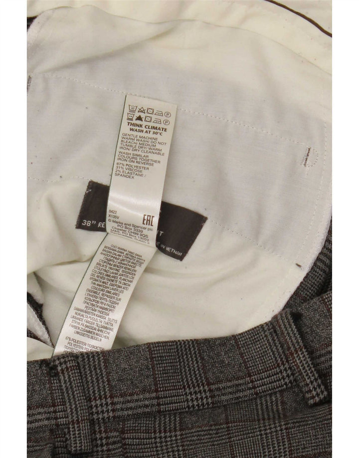 Marks & Spencer Mens Regular Fit Suit Trousers W38 L31 Grey Check Polyester